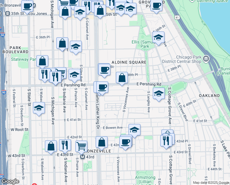 map of restaurants, bars, coffee shops, grocery stores, and more near 438 East Oakwood Boulevard in Chicago