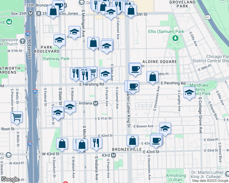 map of restaurants, bars, coffee shops, grocery stores, and more near 3919 South Prairie Avenue in Chicago