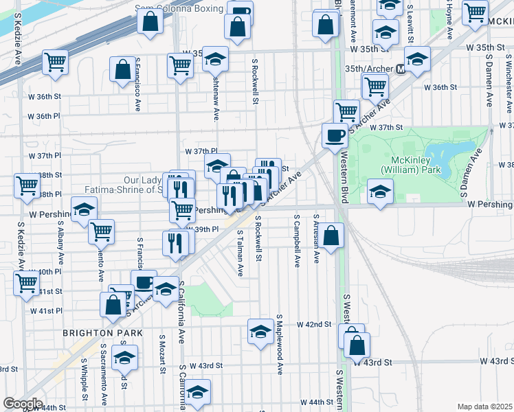 map of restaurants, bars, coffee shops, grocery stores, and more near 2 West Pershing Road in Chicago