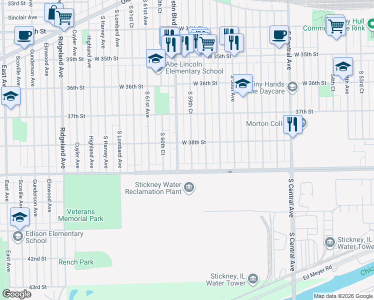 map of restaurants, bars, coffee shops, grocery stores, and more near 3813 South Austin Boulevard in Cicero