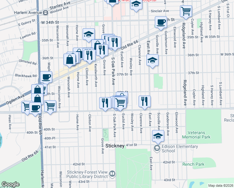 map of restaurants, bars, coffee shops, grocery stores, and more near 3803 Oak Park Avenue in Berwyn