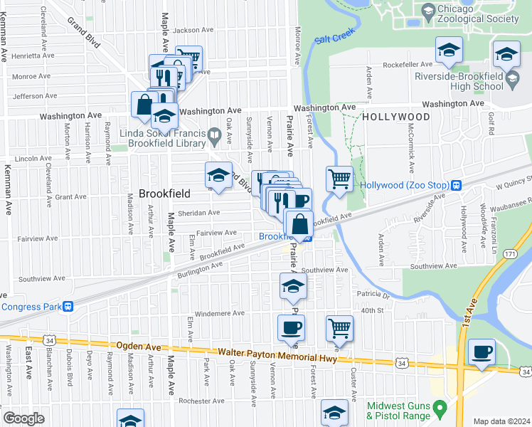 map of restaurants, bars, coffee shops, grocery stores, and more near 3723 Sunnyside Avenue in Brookfield