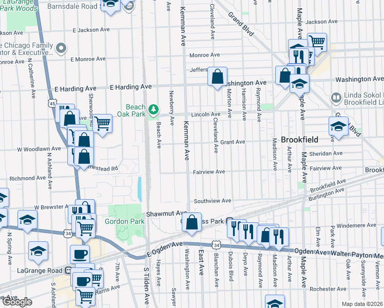 map of restaurants, bars, coffee shops, grocery stores, and more near 428 Kemman Avenue in La Grange Park