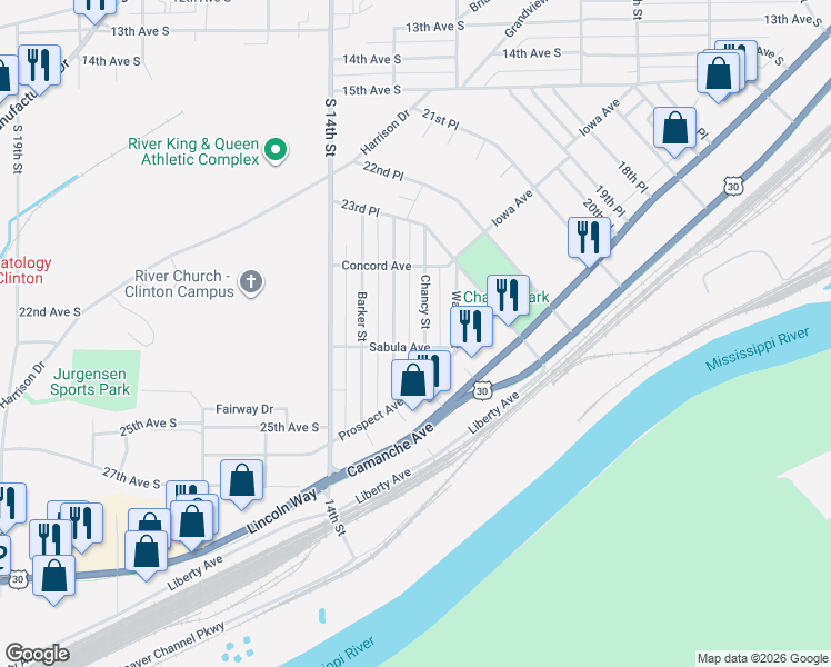 map of restaurants, bars, coffee shops, grocery stores, and more near 2393 Dunham Street in Clinton
