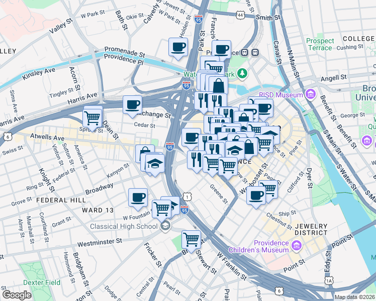 map of restaurants, bars, coffee shops, grocery stores, and more near 21 Atwells Avenue in Providence