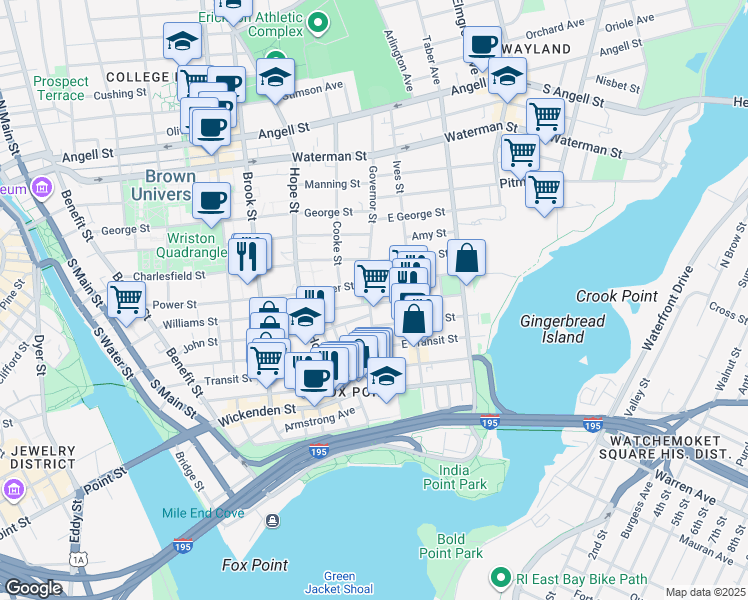 map of restaurants, bars, coffee shops, grocery stores, and more near 83 Governor Street in Providence