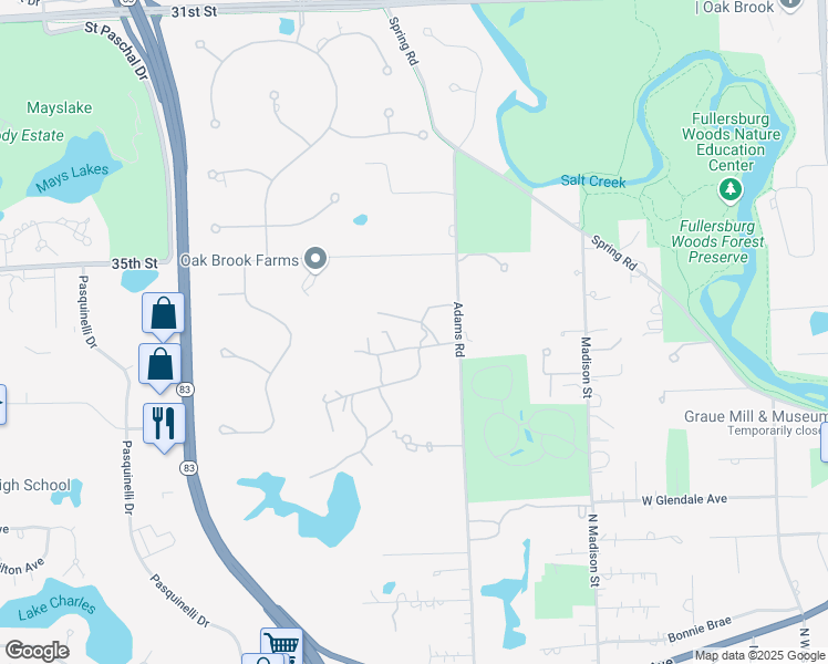 map of restaurants, bars, coffee shops, grocery stores, and more near 30 Breakenridge Farm in Oak Brook