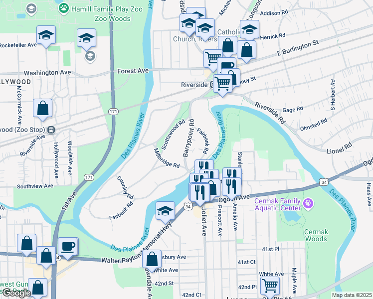 map of restaurants, bars, coffee shops, grocery stores, and more near Barrypoint Road in Lyons