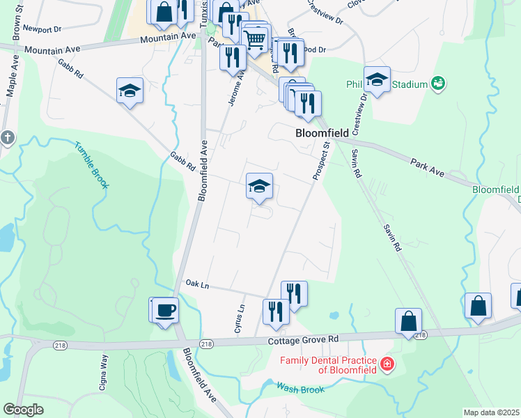 map of restaurants, bars, coffee shops, grocery stores, and more near 11 Turkey Hill Road in Bloomfield