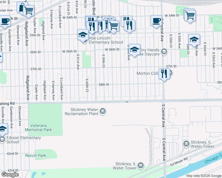 map of restaurants, bars, coffee shops, grocery stores, and more near 3810 South 59th Avenue in Cicero