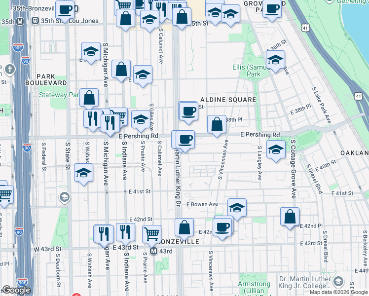 map of restaurants, bars, coffee shops, grocery stores, and more near 3925 S King Dr in Chicago
