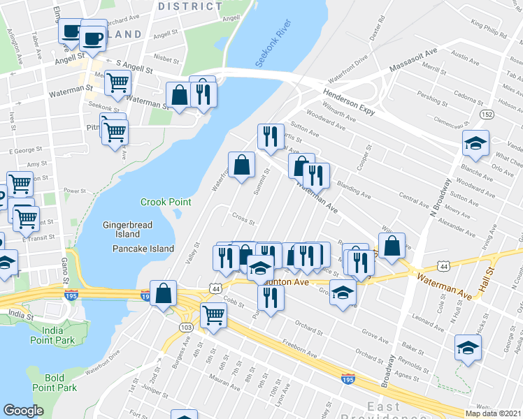 map of restaurants, bars, coffee shops, grocery stores, and more near 126 Walnut St in East Providence