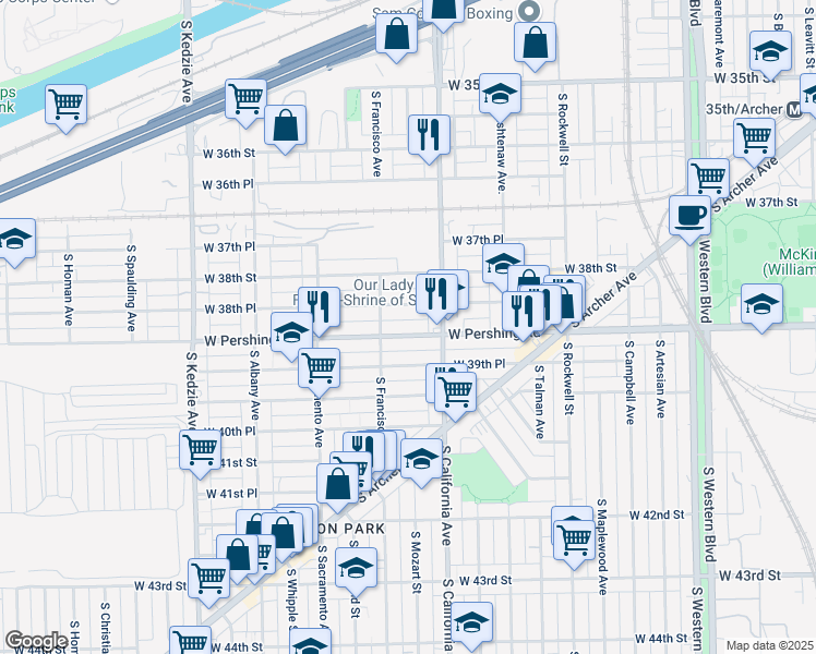map of restaurants, bars, coffee shops, grocery stores, and more near 2834 West Pershing Road in Chicago