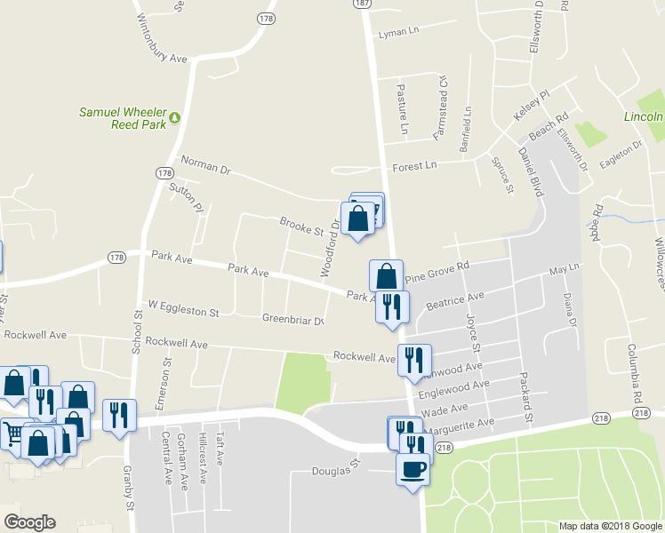 map of restaurants, bars, coffee shops, grocery stores, and more near 6 Woodford Drive in Bloomfield