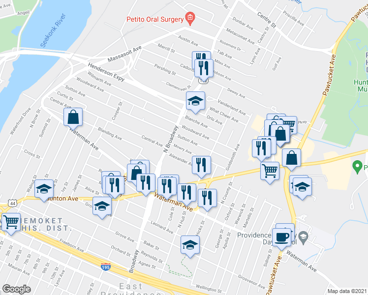 map of restaurants, bars, coffee shops, grocery stores, and more near 26 Mowry Avenue in East Providence