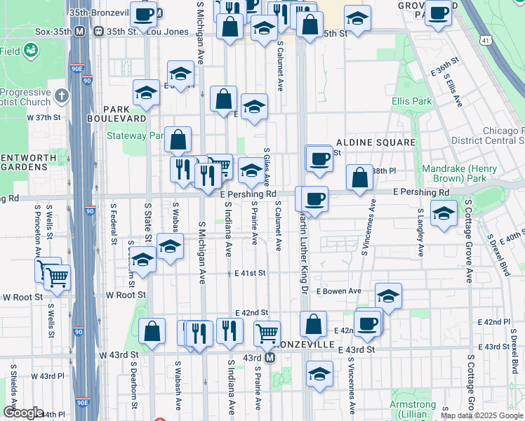 map of restaurants, bars, coffee shops, grocery stores, and more near 3919 South Prairie Avenue in Chicago