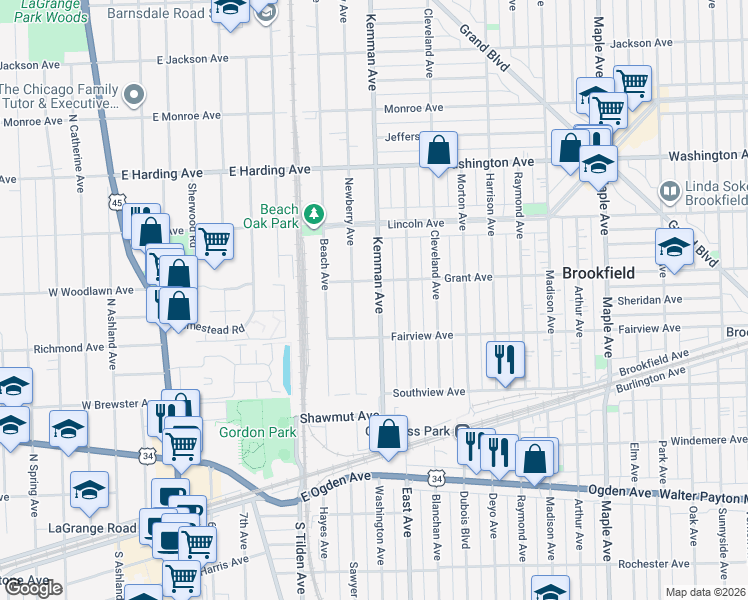 map of restaurants, bars, coffee shops, grocery stores, and more near 428 Kemman Avenue in La Grange Park