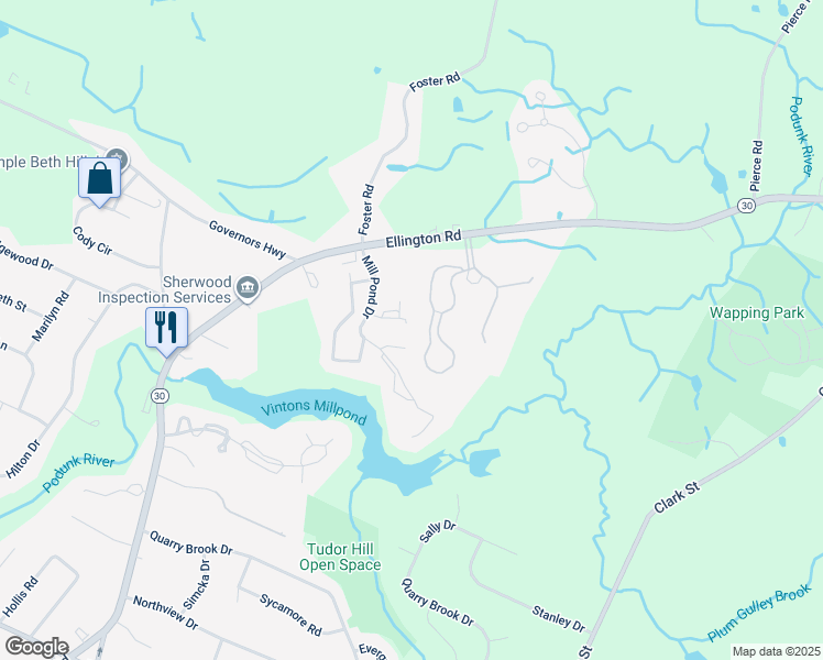 map of restaurants, bars, coffee shops, grocery stores, and more near 201 Twin Circle Drive in South Windsor