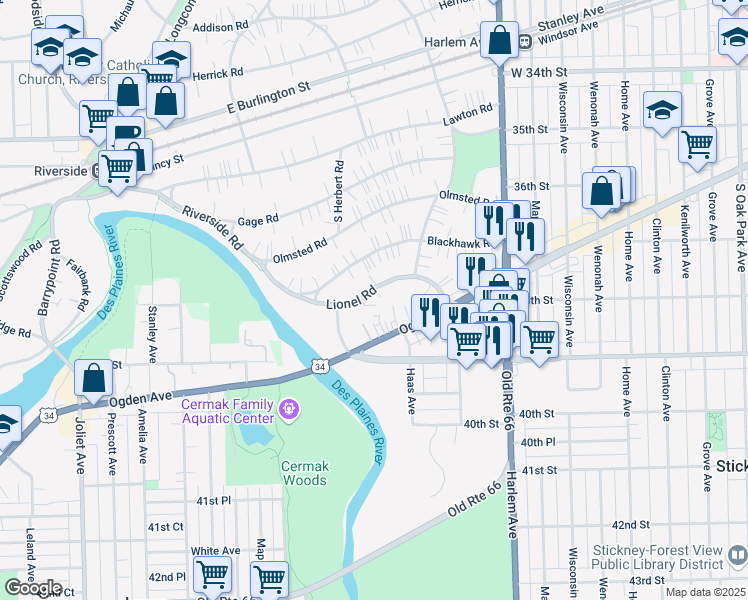 map of restaurants, bars, coffee shops, grocery stores, and more near 271 Lionel Road in Riverside
