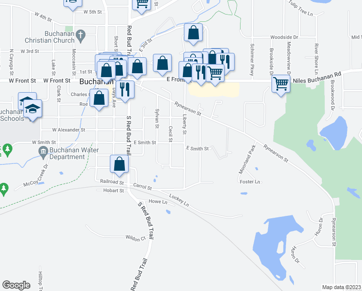 map of restaurants, bars, coffee shops, grocery stores, and more near 604 East Smith Street in Buchanan