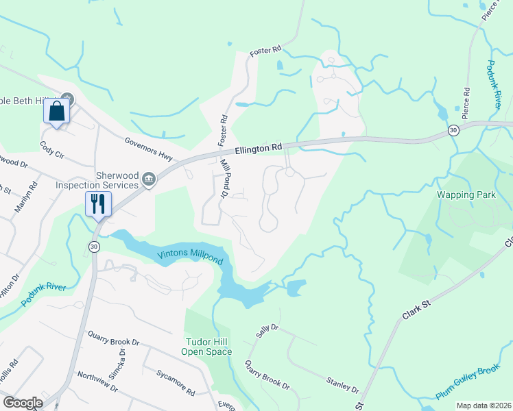 map of restaurants, bars, coffee shops, grocery stores, and more near 711 Twin Circle Drive in South Windsor
