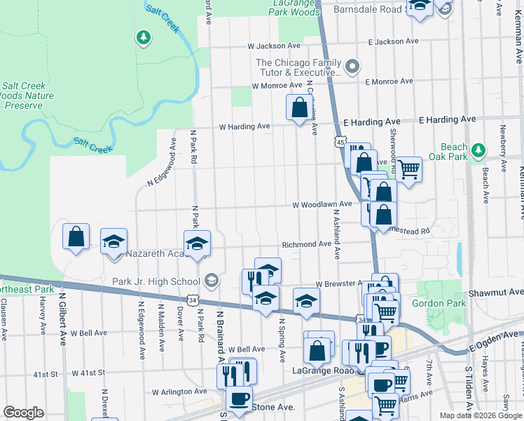 map of restaurants, bars, coffee shops, grocery stores, and more near 447 North Waiola Avenue in La Grange Park