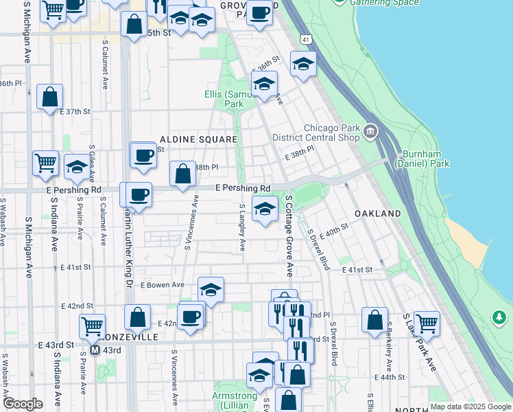 map of restaurants, bars, coffee shops, grocery stores, and more near 900 East Pershing Road in Chicago
