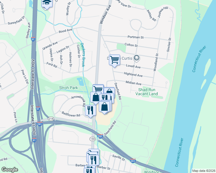 map of restaurants, bars, coffee shops, grocery stores, and more near 8 Amaryllis Drive in Windsor