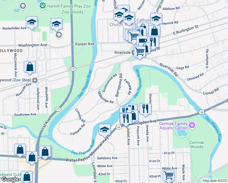 map of restaurants, bars, coffee shops, grocery stores, and more near 165 Scottswood Road in Riverside
