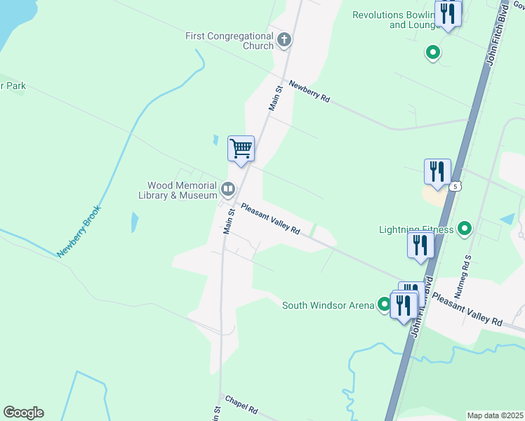 map of restaurants, bars, coffee shops, grocery stores, and more near 34 Pleasant Valley Road in South Windsor