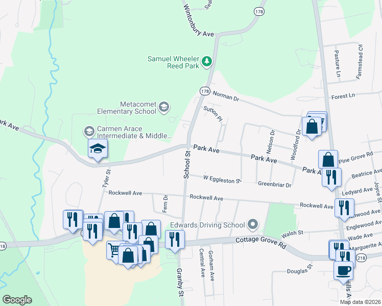 map of restaurants, bars, coffee shops, grocery stores, and more near 128 School Street in Bloomfield