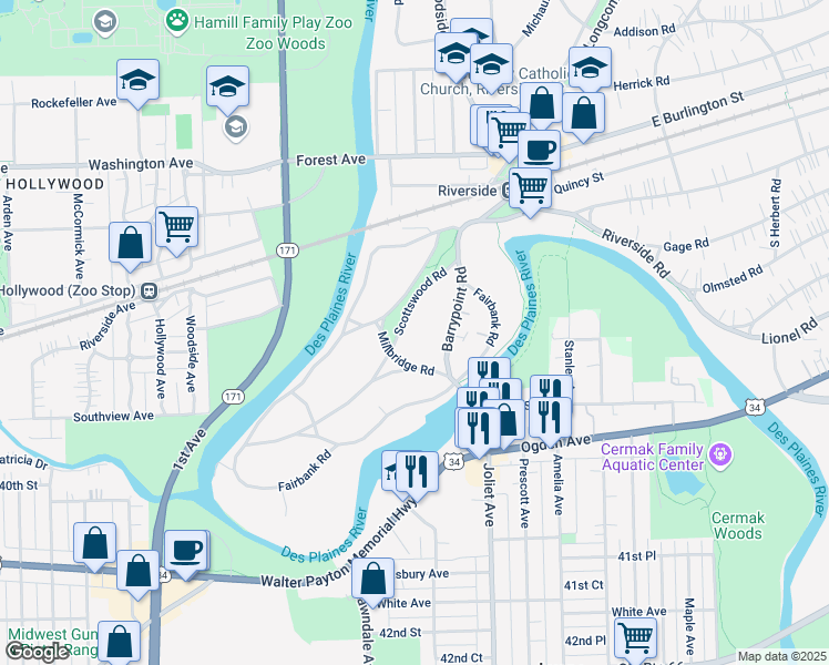 map of restaurants, bars, coffee shops, grocery stores, and more near 165 Scottswood Road in Riverside