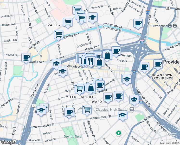 map of restaurants, bars, coffee shops, grocery stores, and more near 22 America Street in Providence