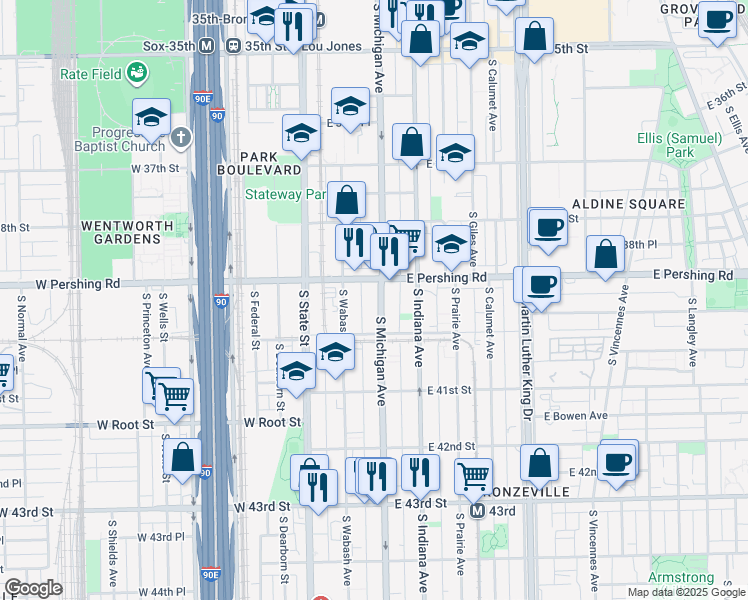 map of restaurants, bars, coffee shops, grocery stores, and more near 3900 South Michigan Avenue in Chicago