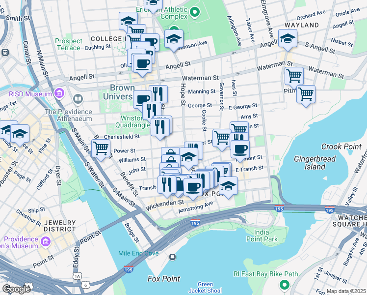 map of restaurants, bars, coffee shops, grocery stores, and more near 122 Hope Street in Providence