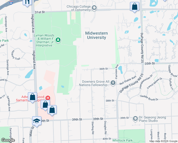 map of restaurants, bars, coffee shops, grocery stores, and more near 601 36th Street in Downers Grove