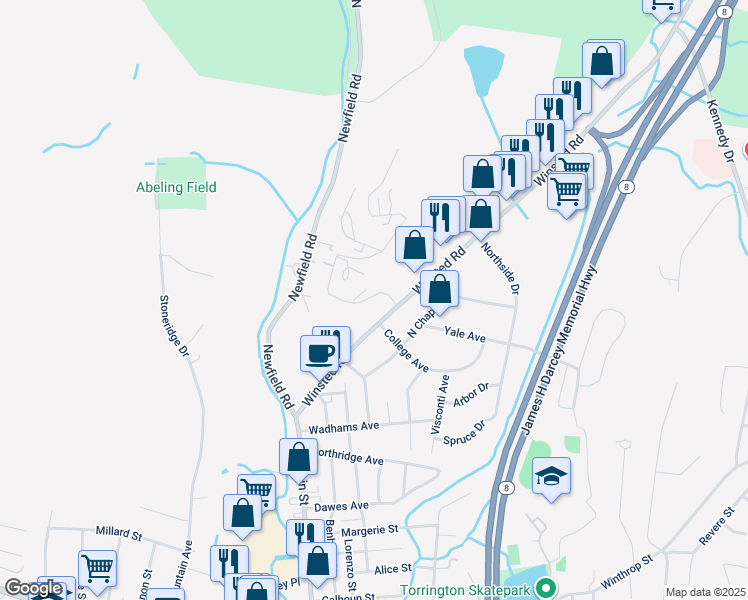 map of restaurants, bars, coffee shops, grocery stores, and more near 9 Surrey Lane in Torrington