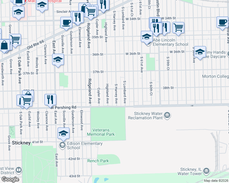 map of restaurants, bars, coffee shops, grocery stores, and more near 3809 Highland Avenue in Berwyn