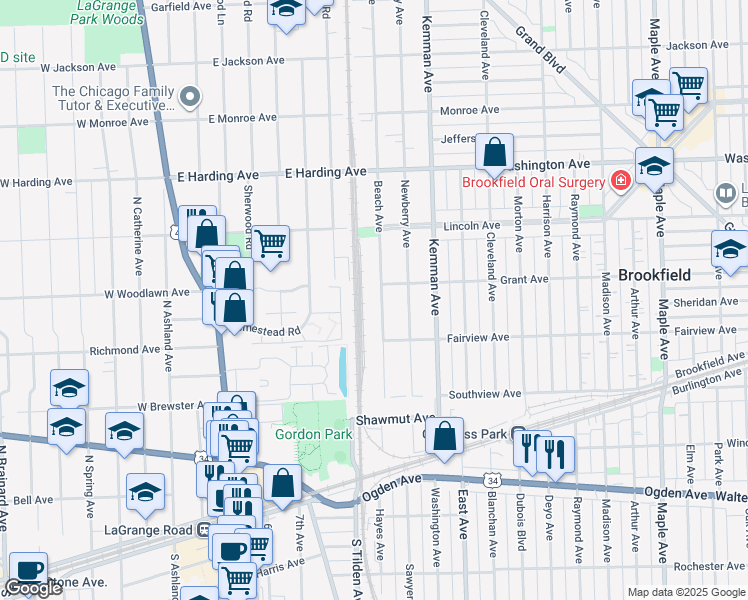 map of restaurants, bars, coffee shops, grocery stores, and more near 430 Beach Ave in La Grange Park