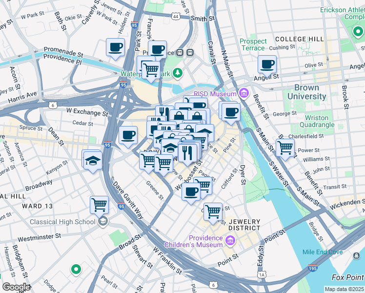 map of restaurants, bars, coffee shops, grocery stores, and more near 120 Union Street in Providence