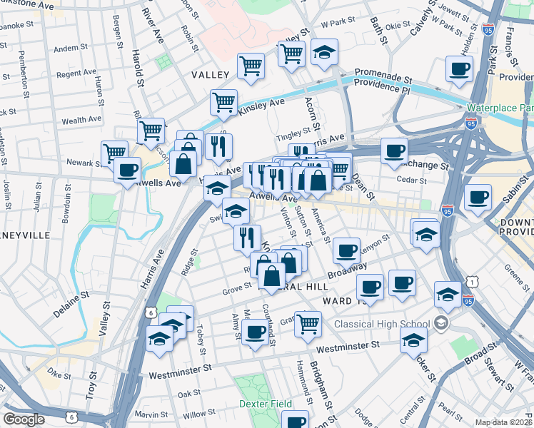 map of restaurants, bars, coffee shops, grocery stores, and more near 27 Gesler Street in Providence