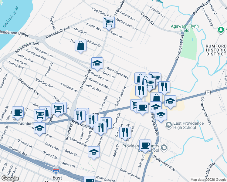 map of restaurants, bars, coffee shops, grocery stores, and more near 75 Irving Avenue in East Providence