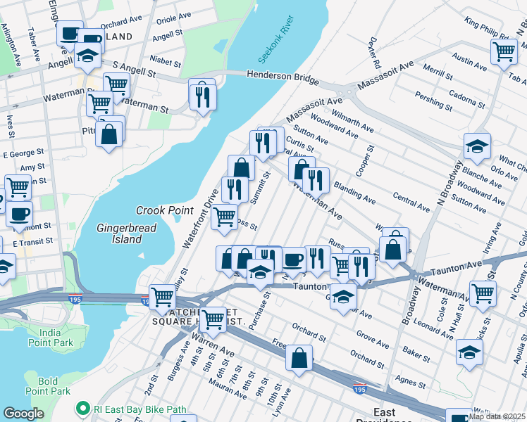 map of restaurants, bars, coffee shops, grocery stores, and more near 126 Walnut Street in East Providence
