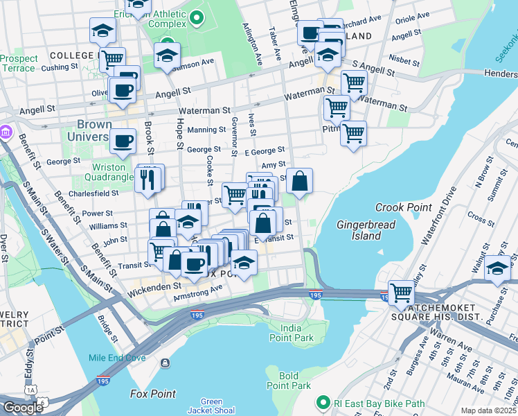 map of restaurants, bars, coffee shops, grocery stores, and more near 308 Williams Street in Providence