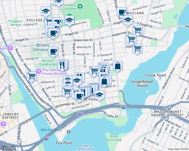 map of restaurants, bars, coffee shops, grocery stores, and more near 83 Governor Street in Providence