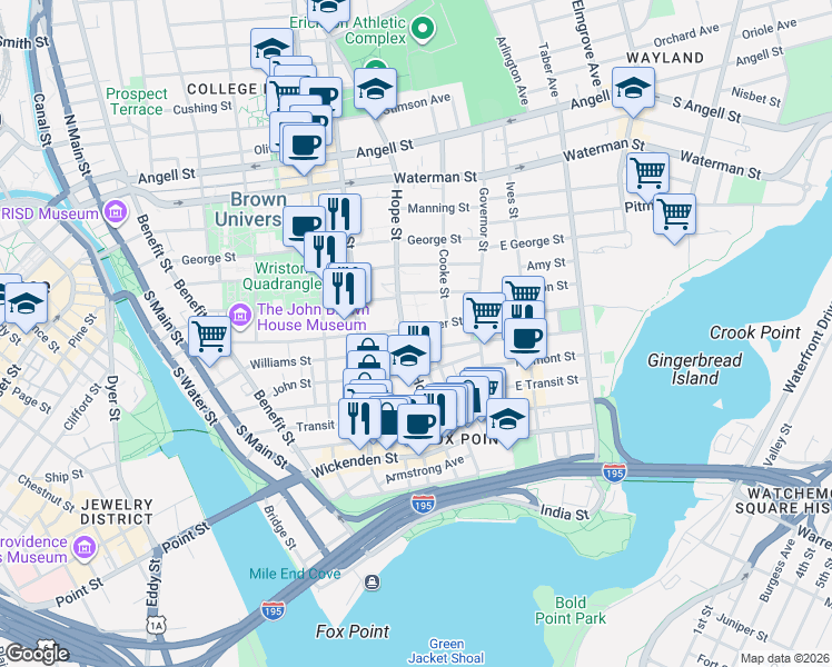map of restaurants, bars, coffee shops, grocery stores, and more near in Providence