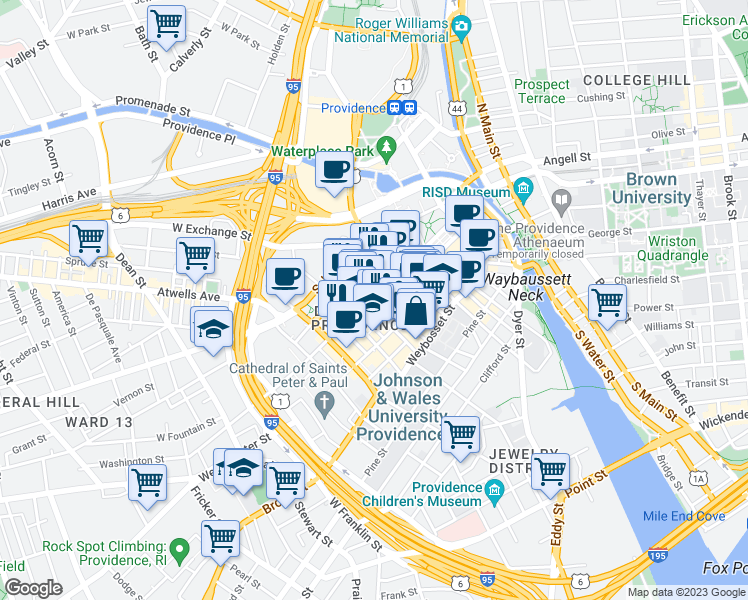 map of restaurants, bars, coffee shops, grocery stores, and more near in Providence