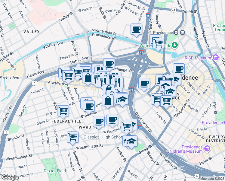 map of restaurants, bars, coffee shops, grocery stores, and more near 23 Newton Street in Providence