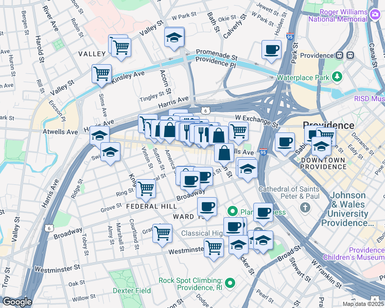 map of restaurants, bars, coffee shops, grocery stores, and more near 17 Messenger Street in Providence