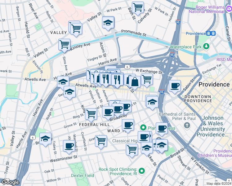 map of restaurants, bars, coffee shops, grocery stores, and more near 11 Africa Street in Providence